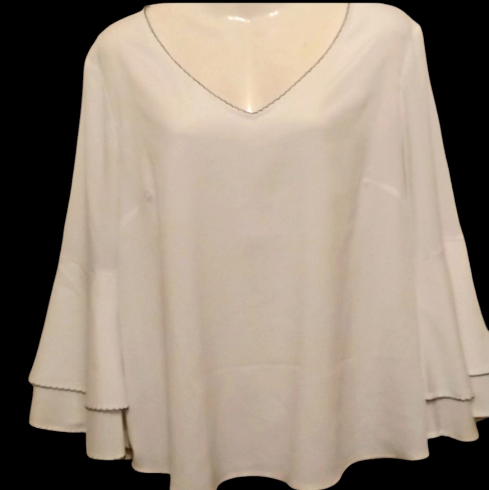 Beautiful White Calvin Klein Blouse with double bell sleeves black piping large